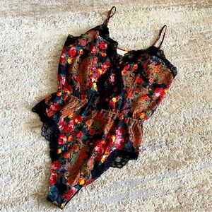 Delicates Vintage Satin Teddy Lace Trim Bodysuit Lingerie Paisley: Medium